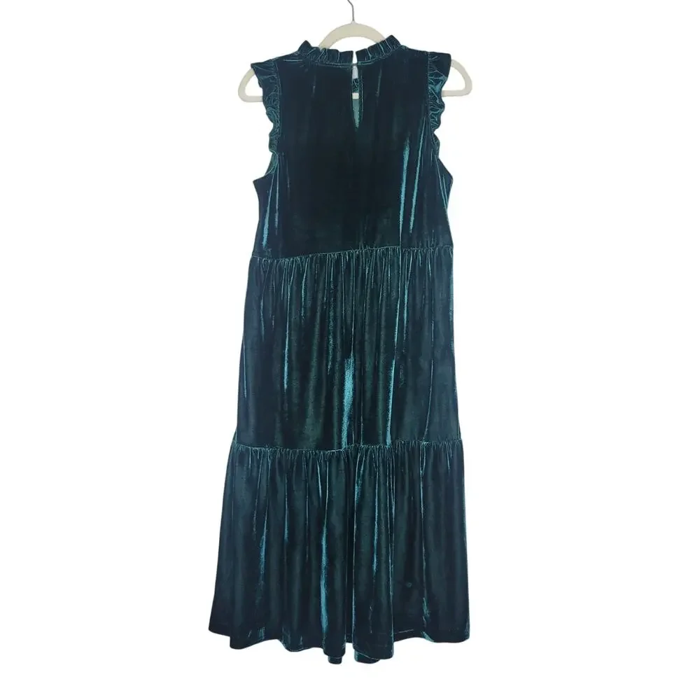 J. Crew Velvet Midi Dress 8 Emerald Green Tiered Ruffle High Neck Romantic Party - Picture 2 of 9